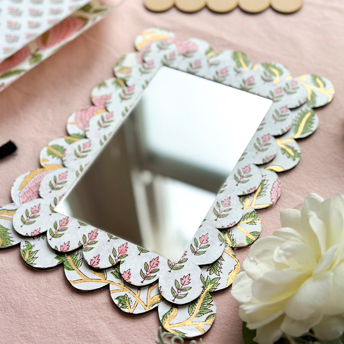 Indian Block Print Scalloped Mirror Kit, Marigold & Gold Cotton Papers