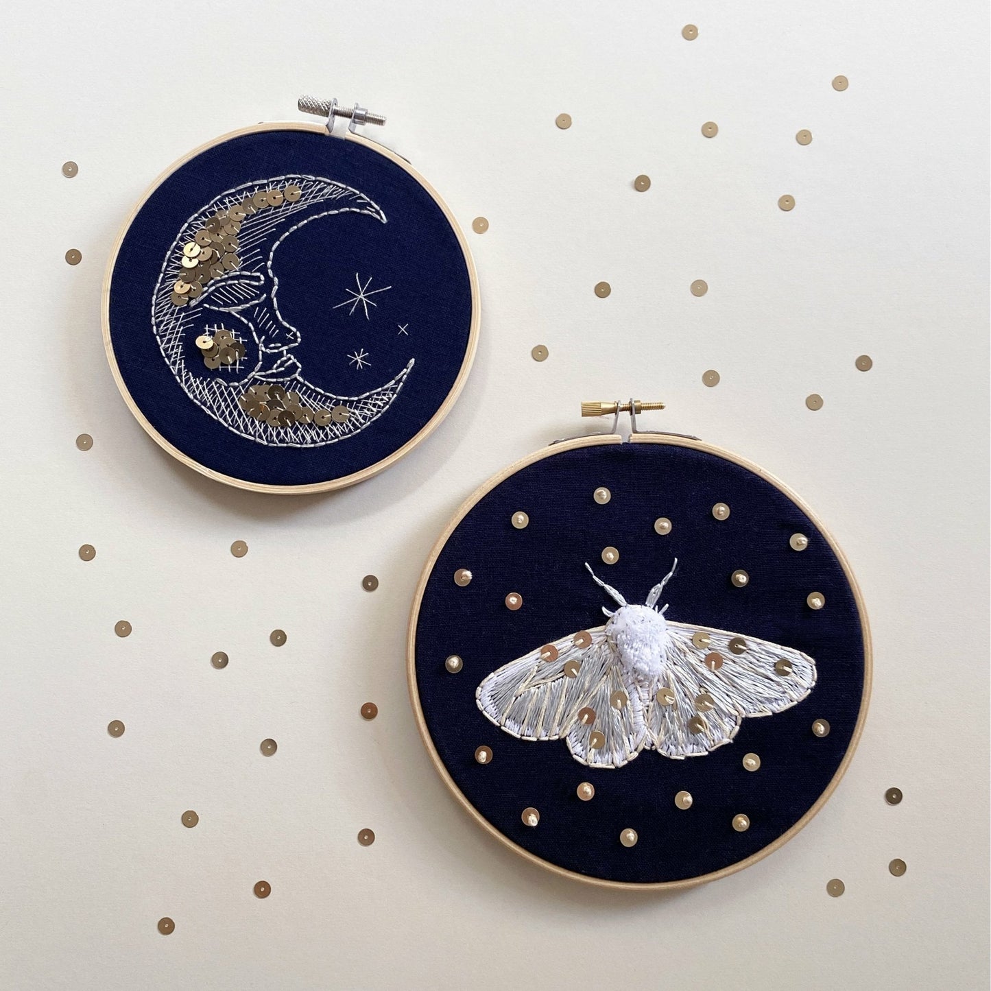 The Man in the Moon & Moth Embroideries W/Digital Instructions - MakeBox & Co.
