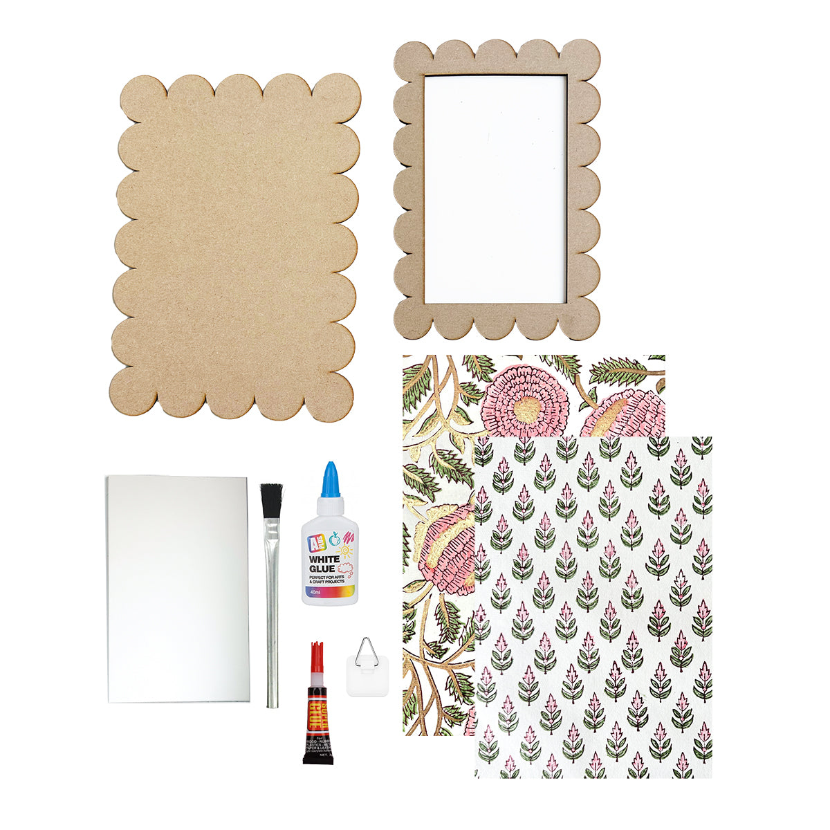 Indian Block Print Scalloped Mirror Kit, Marigold & Gold Cotton Papers