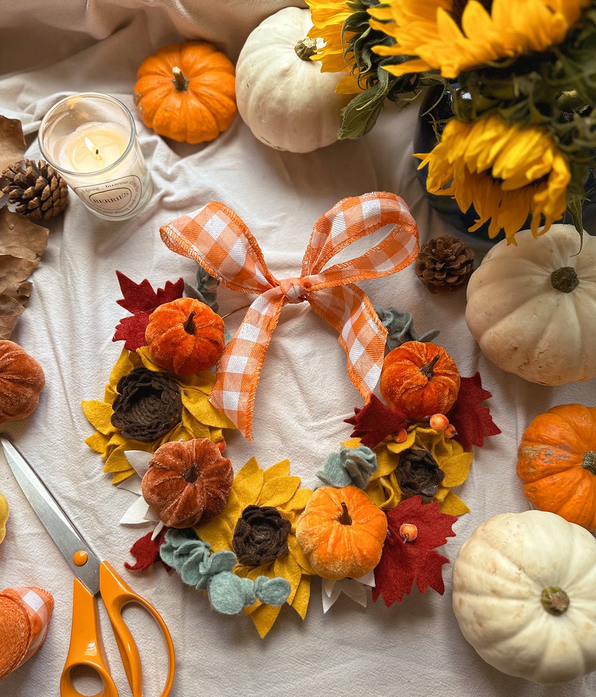 Pimp up your Sunflower and Maple Leaf Wreath with Pumpkins! - MakeBox & Co.