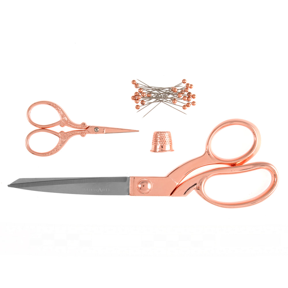 
                      
                        Scissors: Gift Set: Dressmaking (21.5cm) and Embroidery (9.5cm), Thimble & Pins: Rose Gold
                      
                    