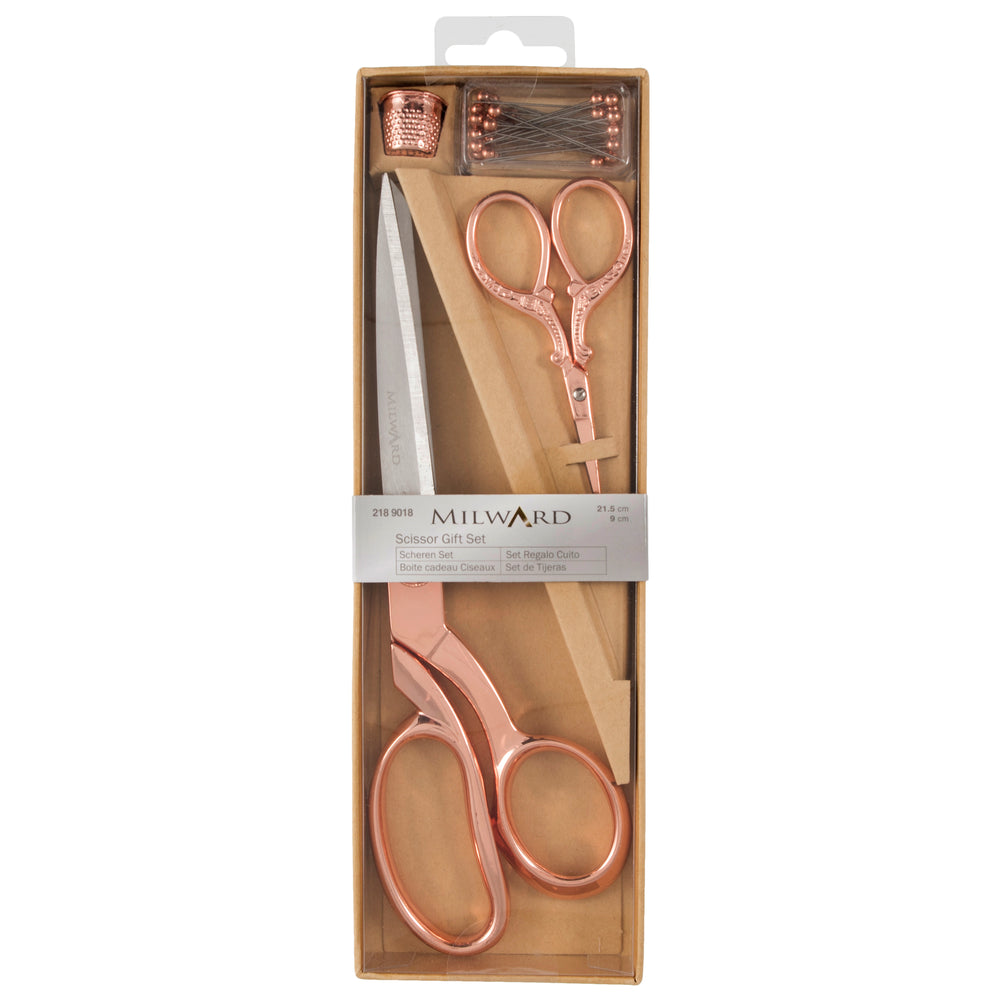 
                      
                        Scissors: Gift Set: Dressmaking (21.5cm) and Embroidery (9.5cm), Thimble & Pins: Rose Gold
                      
                    