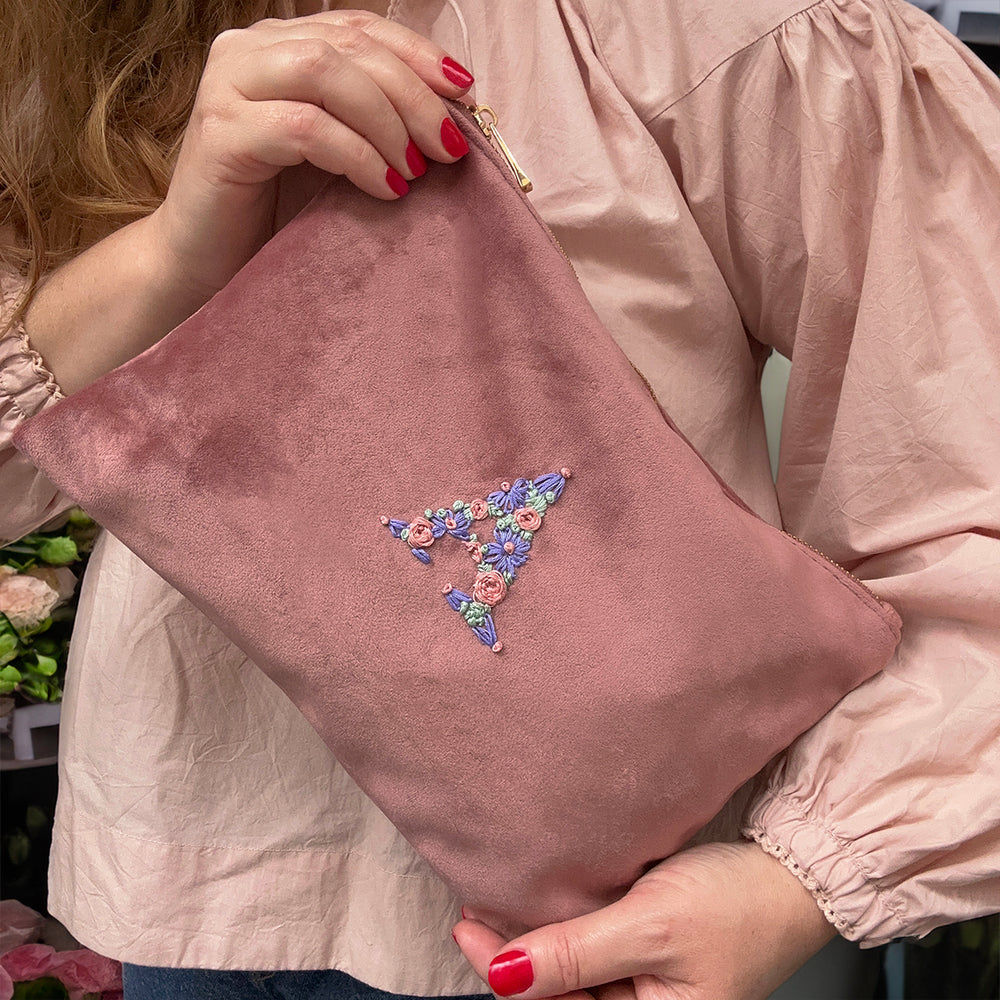 Large Velvet Alphabet Embroidery Bag Rose Pink