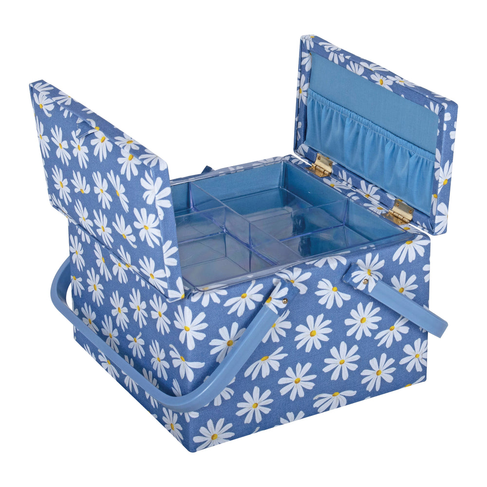 Large Twin Lid Sewing Box: Denim Daisies