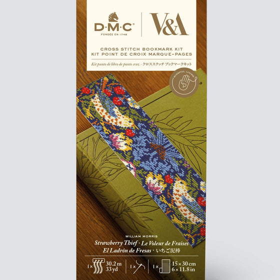 DMC Strawberry thief by William Morris, V&A advanced bookmark cross stitch kit - MakeBox & Co.