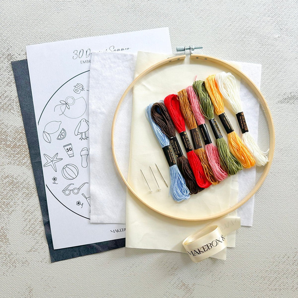 
                      
                        Embroidery Kit with hoop: 30 days of Summer Stitches - MakeBox & Co.
                      
                    