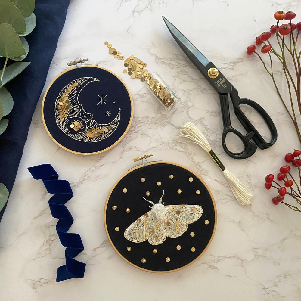 
                      
                        The Man in the Moon & Moth Embroideries W/Digital Instructions - MakeBox & Co.
                      
                    