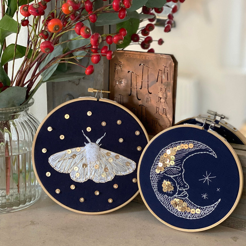 
                      
                        The Man in the Moon & Moth Embroideries W/Digital Instructions - MakeBox & Co.
                      
                    